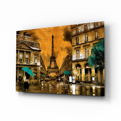 Teal Umbrellas Golden Paris Glass Wall Art