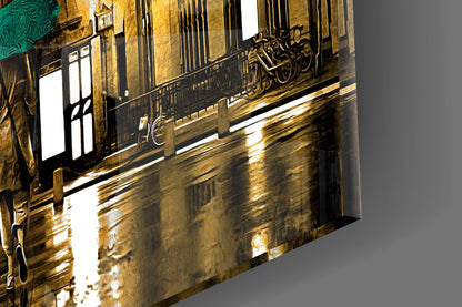 Teal Umbrellas Golden Paris Glass Wall Art