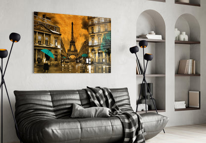 Teal Umbrellas Golden Paris Glass Wall Art