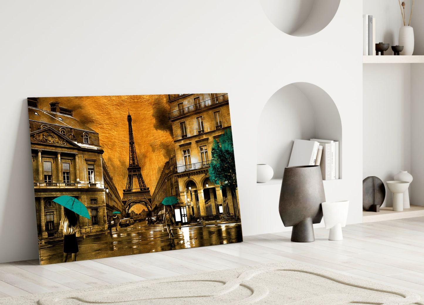Teal Umbrellas Golden Paris Glass Wall Art
