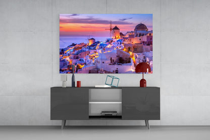 Purple Sunset Windmill Santorini Skyline Glass Wall Art
