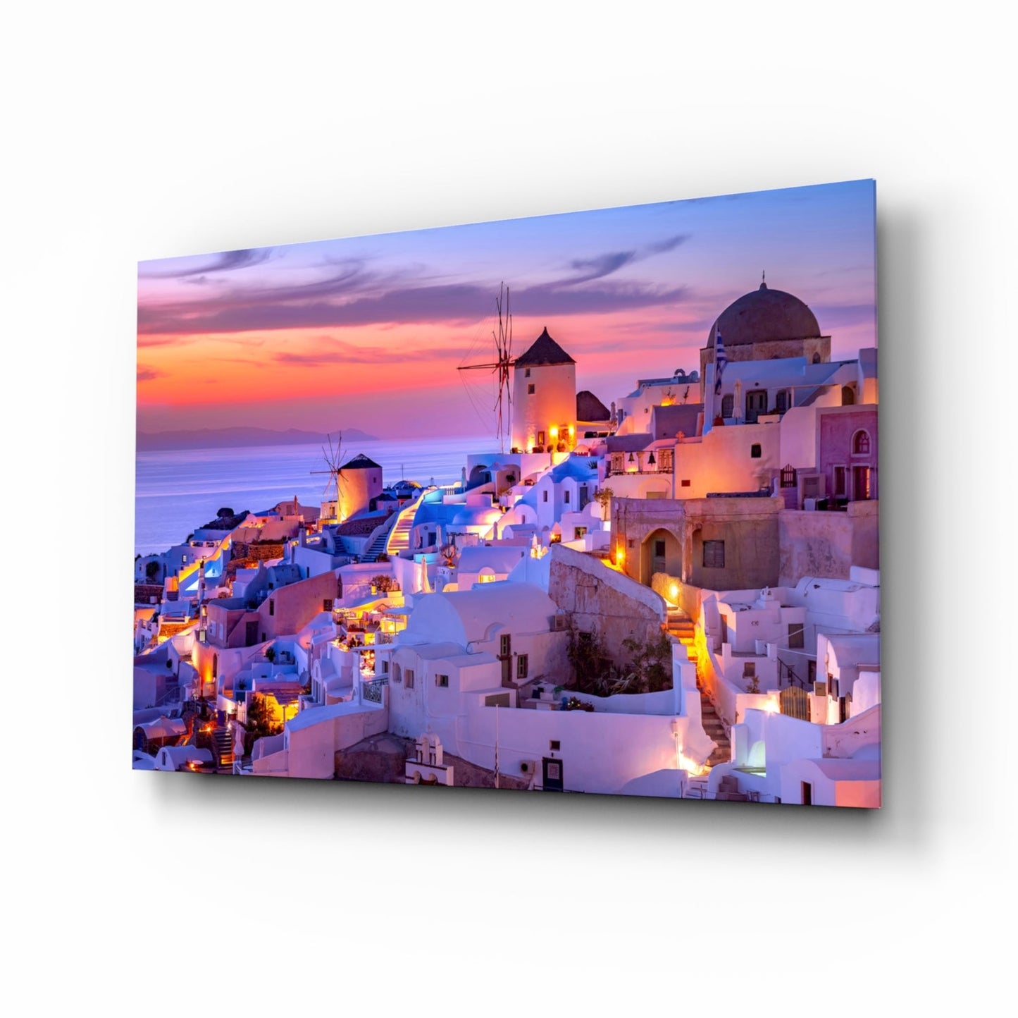 Purple Sunset Windmill Santorini Skyline Glass Wall Art