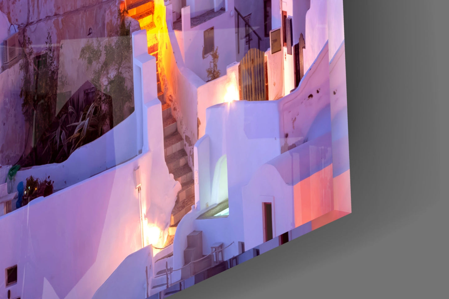 Purple Sunset Windmill Santorini Skyline Glass Wall Art