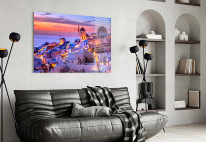 Purple Sunset Windmill Santorini Skyline Glass Wall Art