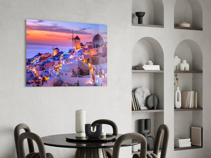 Purple Sunset Windmill Santorini Skyline Glass Wall Art