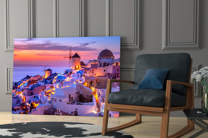 Purple Sunset Windmill Santorini Skyline Glass Wall Art
