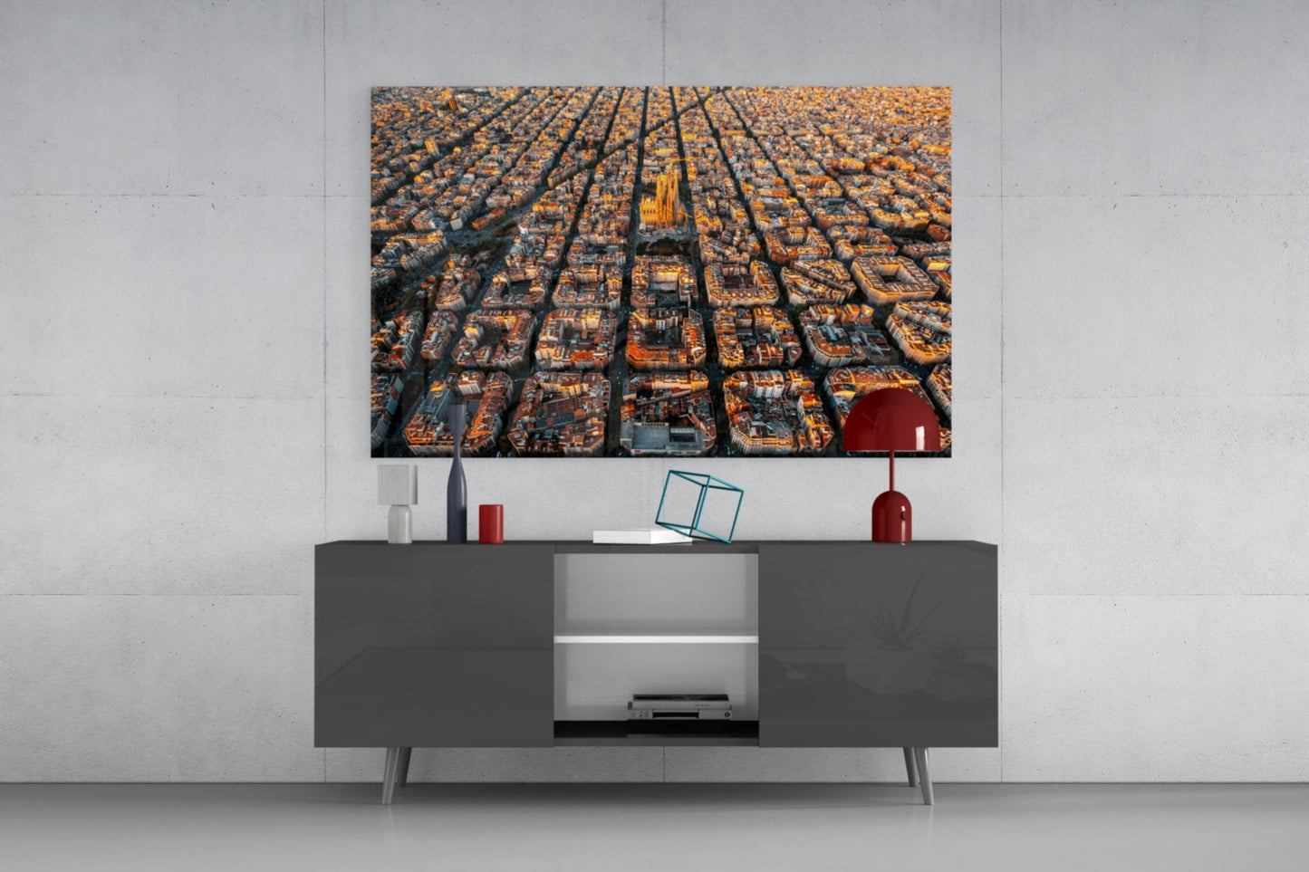 Golden Hour Aerial Barcelona City Grid Glass Wall Art