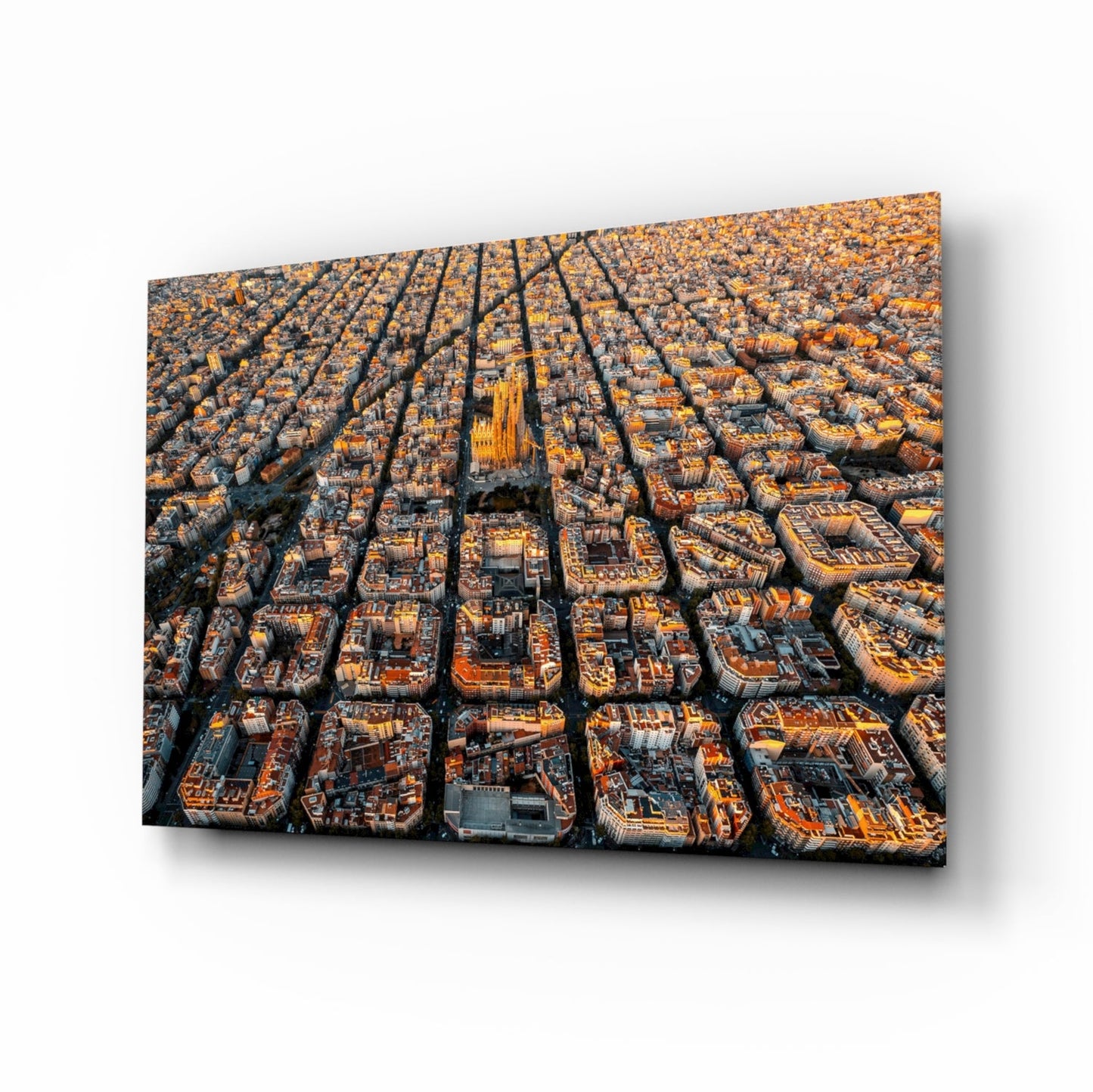 Golden Hour Aerial Barcelona City Grid Glass Wall Art