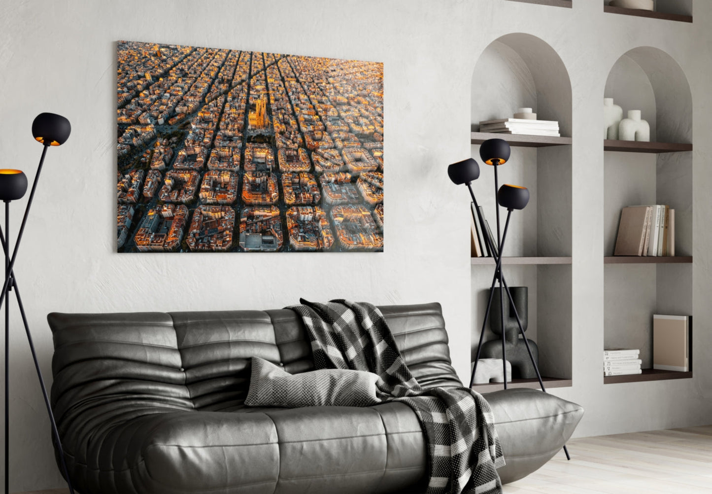 Golden Hour Aerial Barcelona City Grid Glass Wall Art