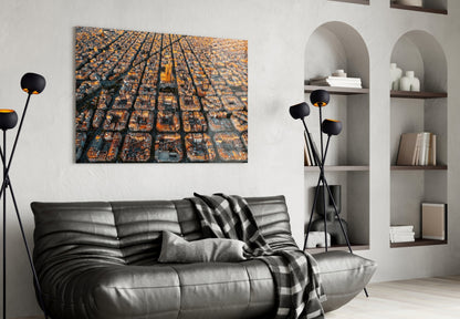 Golden Hour Aerial Barcelona City Grid Glass Wall Art