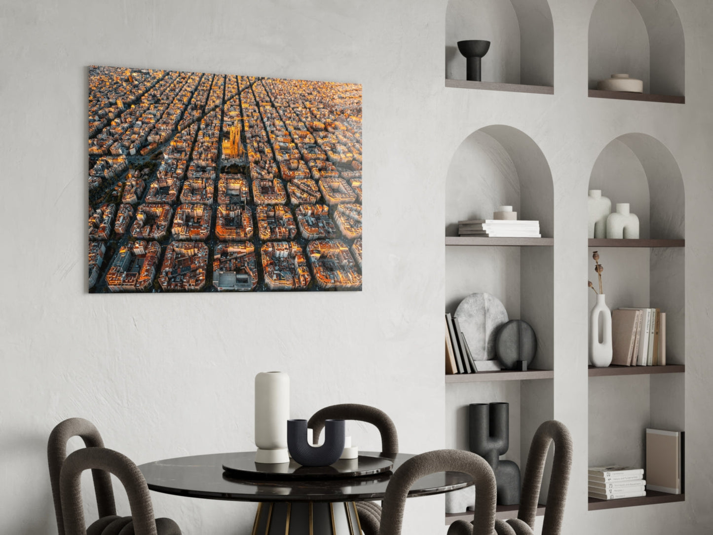 Golden Hour Aerial Barcelona City Grid Glass Wall Art