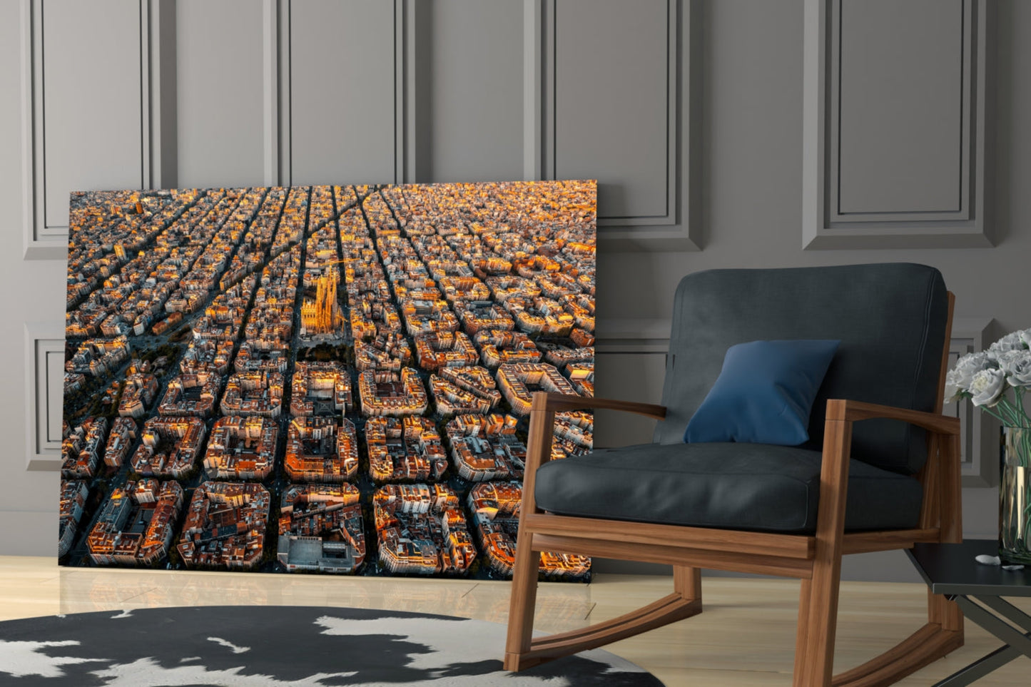 Golden Hour Aerial Barcelona City Grid Glass Wall Art