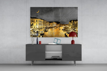 Venetian Glass Wall Art depicting a moonlit Grand Canal scene with golden buildings and water, displayed above a gray media console in a modern interior setting.