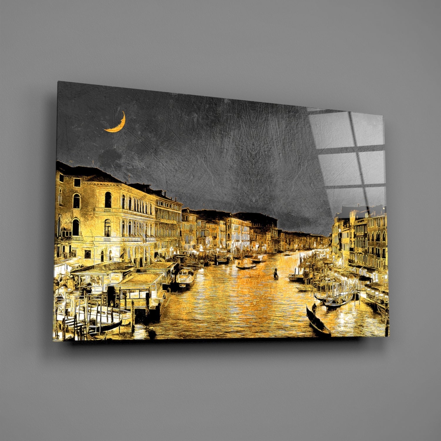 Glass wall art depicting Venice's Grand Canal at night with golden-lit buildings, dark stormy sky, crescent moon, and window reflections.