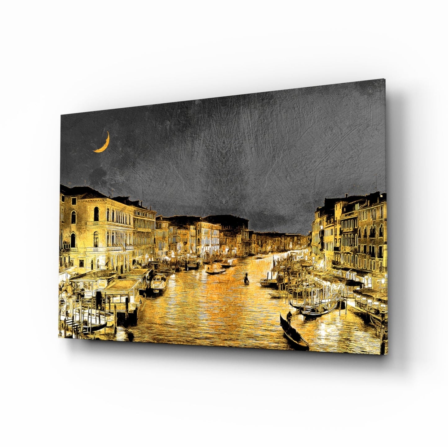 Venetian glass wall art depicting Grand Canal at night with golden-lit buildings, dark sky, crescent moon, and gondolas on water.