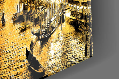 Three-dimensional Venetian glass wall art depicting gondolas on golden water with black silhouettes, angled perspective view.