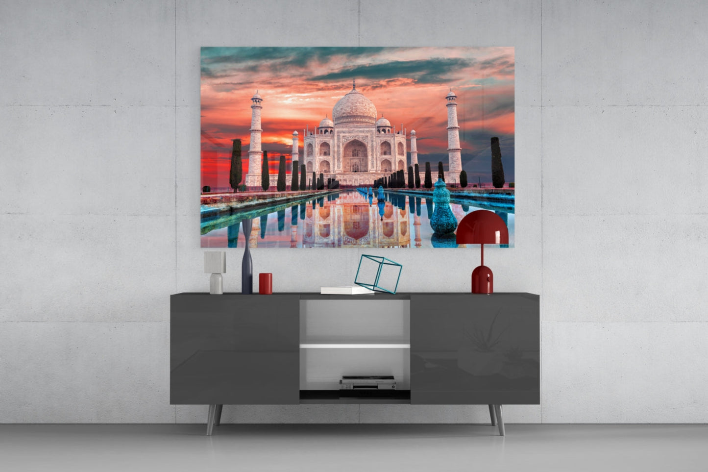Fiery Crimson Sky Taj Mahal Mirror Pool Glass Wall Art