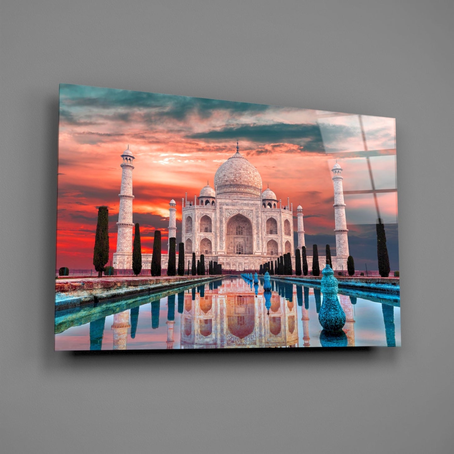 Fiery Crimson Sky Taj Mahal Mirror Pool Glass Wall Art