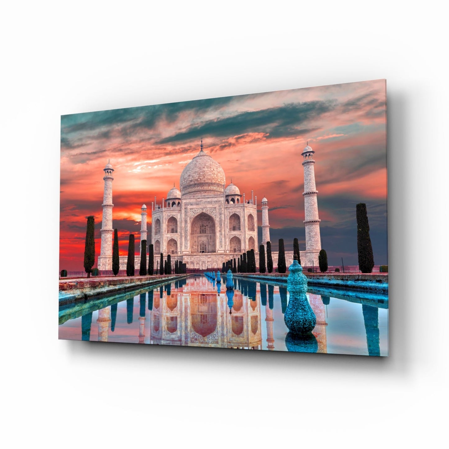 Fiery Crimson Sky Taj Mahal Mirror Pool Glass Wall Art