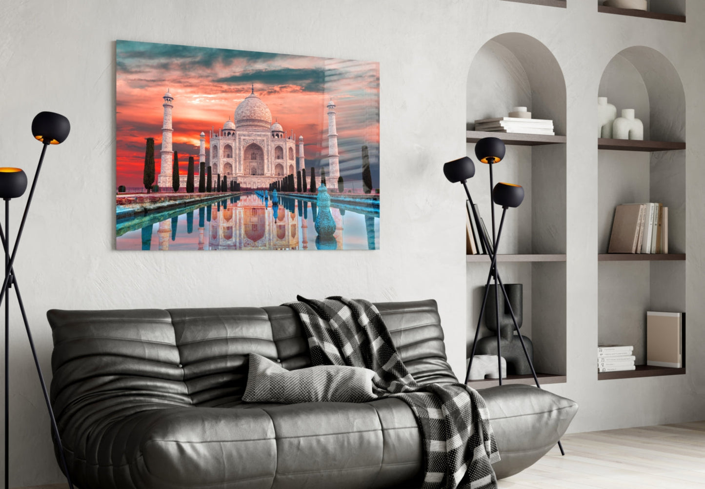 Fiery Crimson Sky Taj Mahal Mirror Pool Glass Wall Art