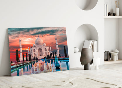 Fiery Crimson Sky Taj Mahal Mirror Pool Glass Wall Art