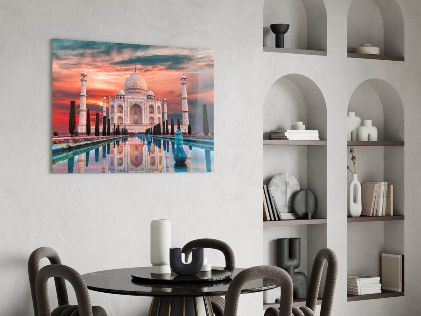 Fiery Crimson Sky Taj Mahal Mirror Pool Glass Wall Art