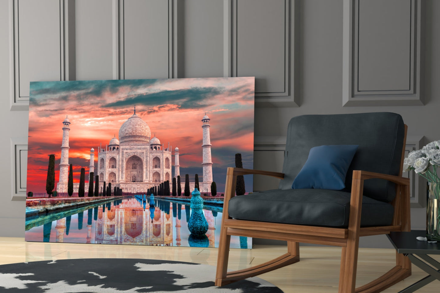 Fiery Crimson Sky Taj Mahal Mirror Pool Glass Wall Art