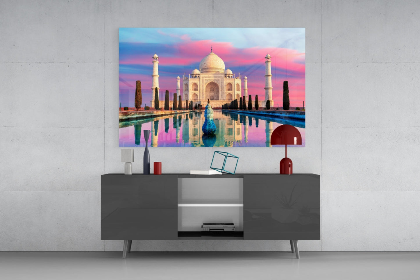 Pastel Pink And Blue Sky Taj Mahal Glass Wall Art