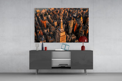 Golden Hour Aerial Tower View New York Glass Wall Art