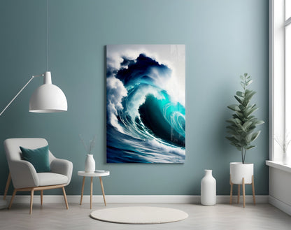 Towering Turquoise Wave Glass Wall Art