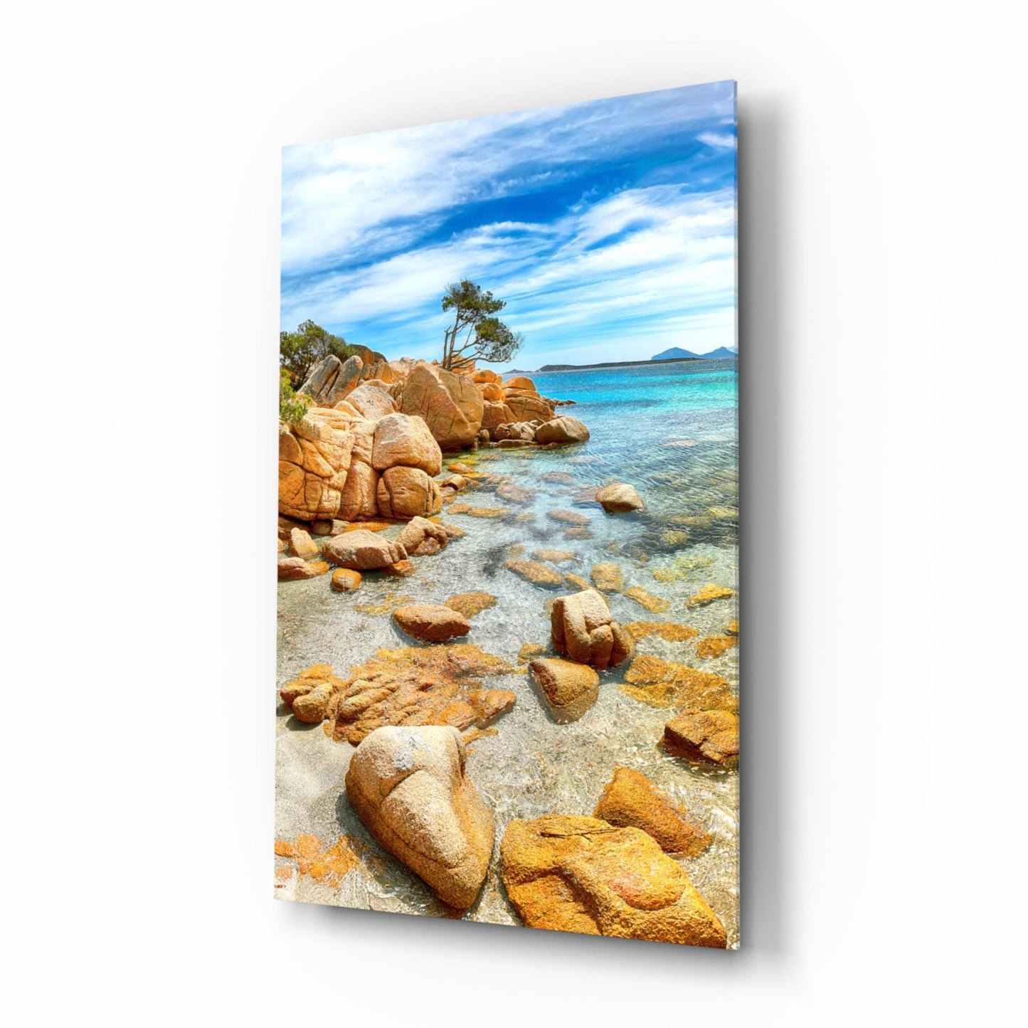 Rocky Mediterranean beach with turquoise water, golden boulders, sparse tree, and distant mountains under blue sky.