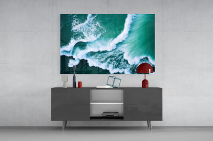 Emerald Ocean Waves Aerial Glass Wall Art