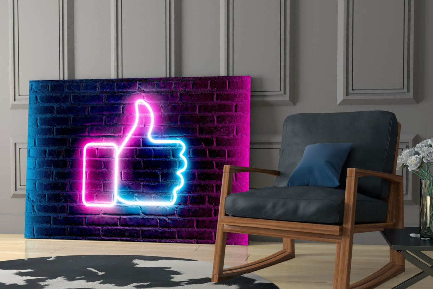 Neon thumbs-up sign in pink and blue glowing against brick wall, displayed in modern living room with wooden chair.