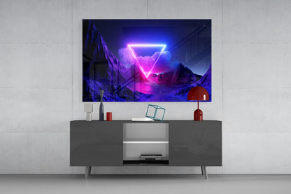 Neon Triangle Over Violet Peaks Glass Wall Art