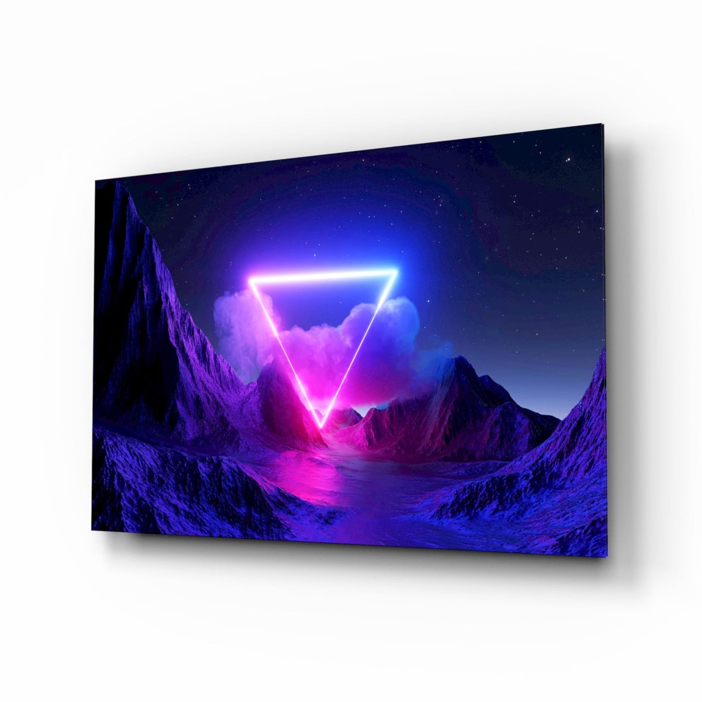 Neon Triangle Over Violet Peaks Glass Wall Art