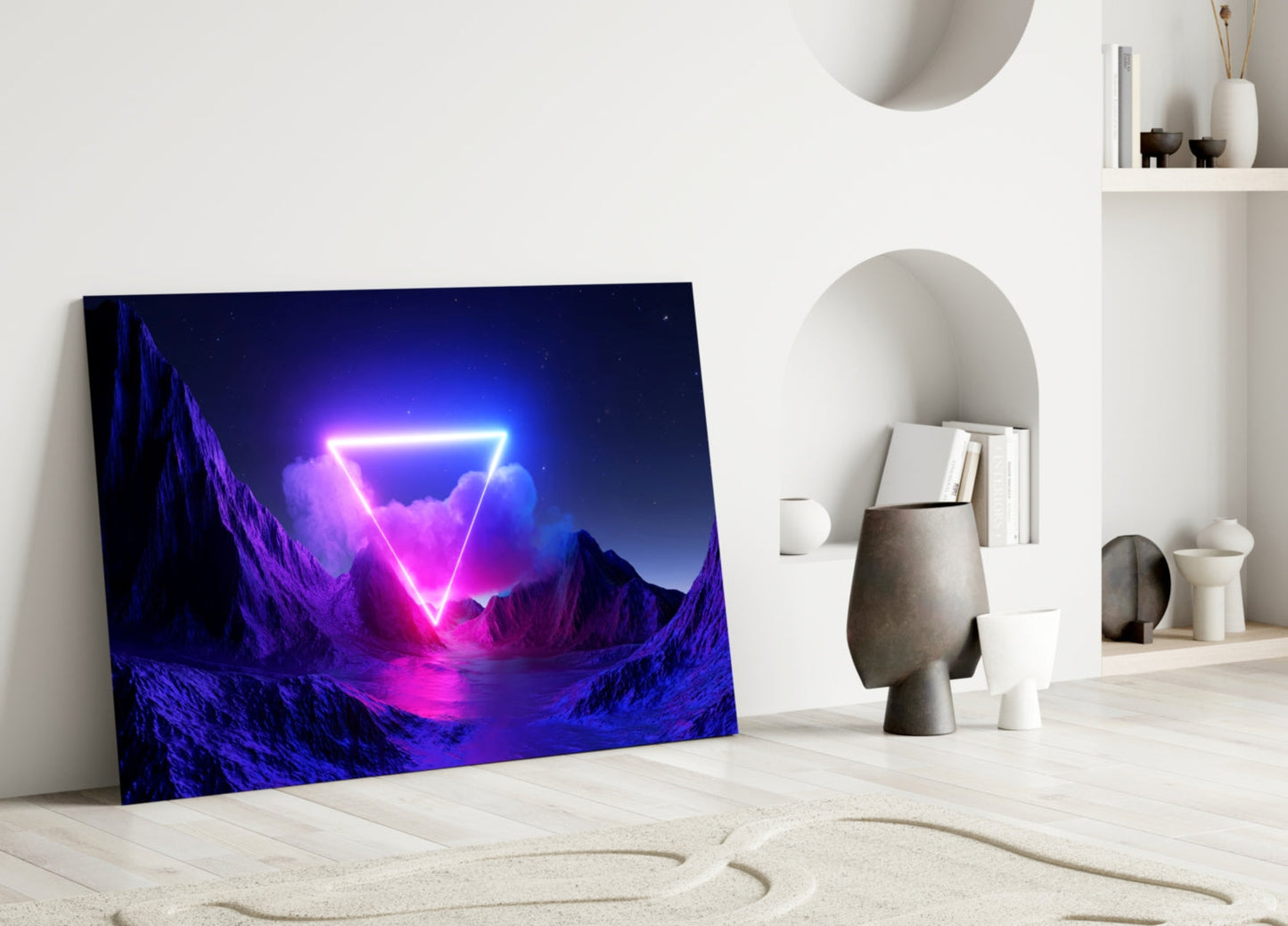 Neon Triangle Over Violet Peaks Glass Wall Art