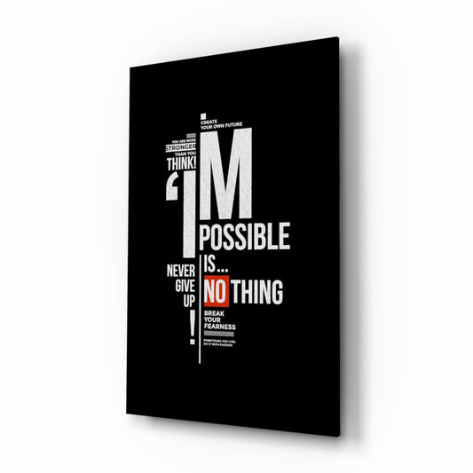 Black glass motivational wall art panel displaying white and red text with inspirational quotes, shown at an angled perspective against white background.