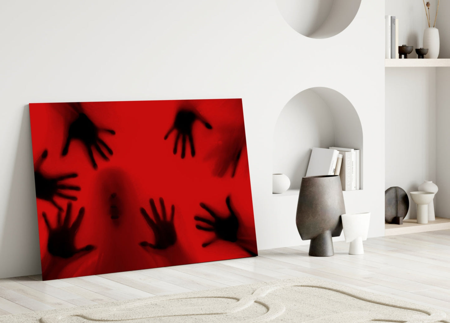 Crimson Red Ghostly Hands Glass Wall Art