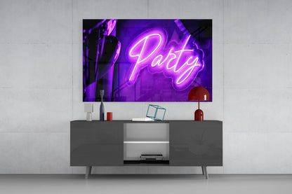 Violet Neon Party Sign Glass Wall Art