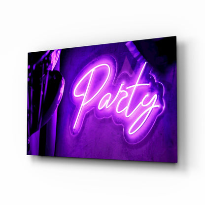 Violet Neon Party Sign Glass Wall Art
