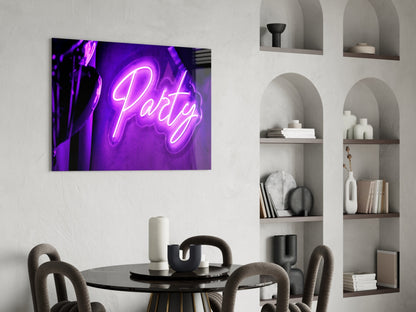 Violet Neon Party Sign Glass Wall Art