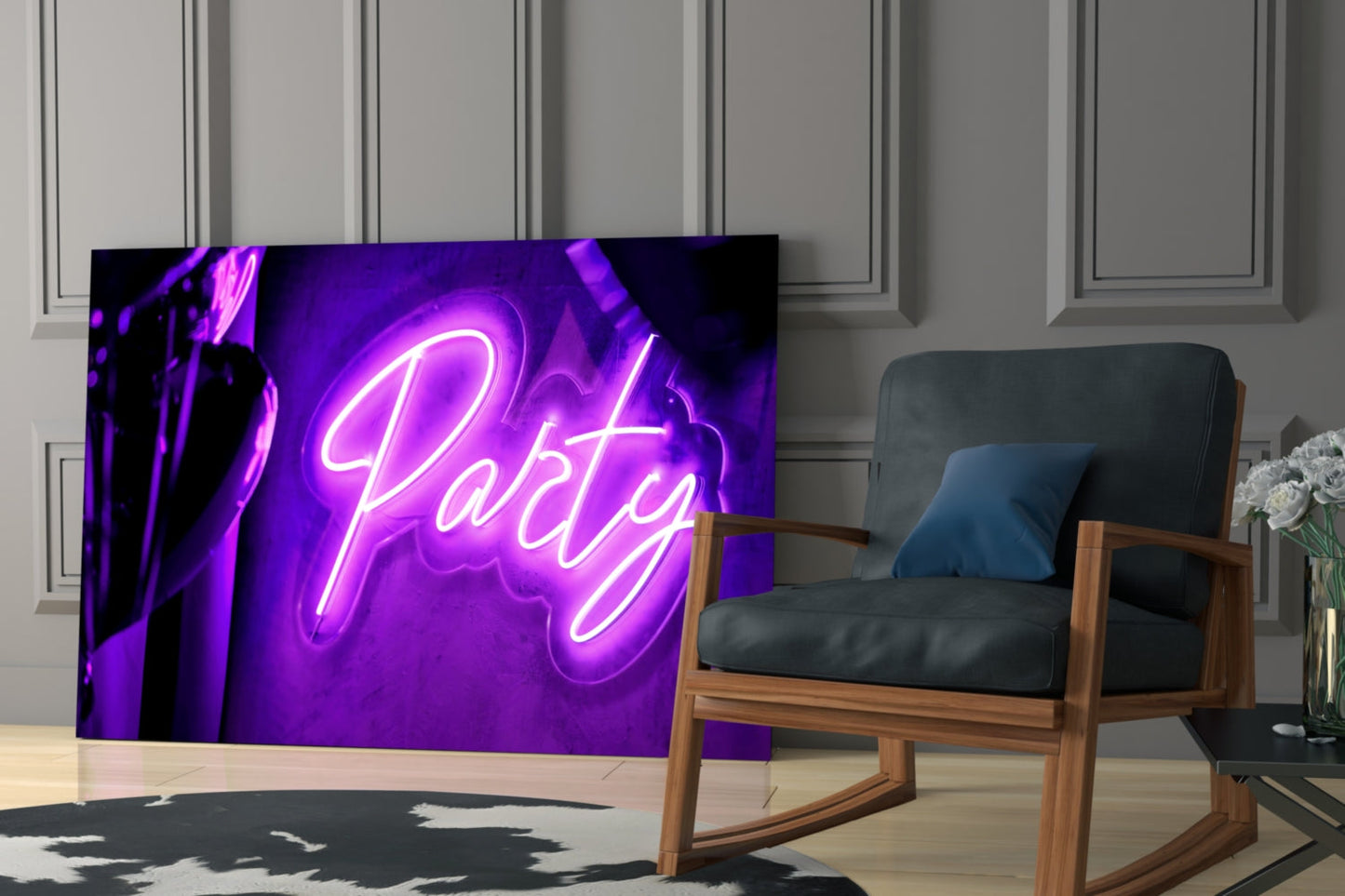Violet Neon Party Sign Glass Wall Art