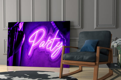 Violet Neon Party Sign Glass Wall Art