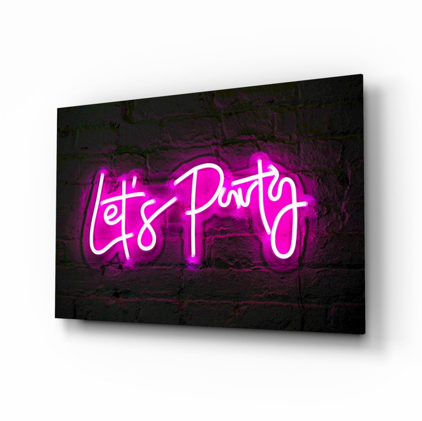 Pink Neon Lets Party Brick Glass Wall Art