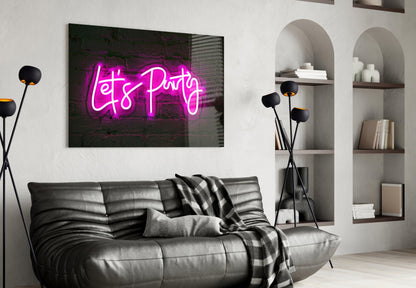 Pink Neon Lets Party Brick Glass Wall Art