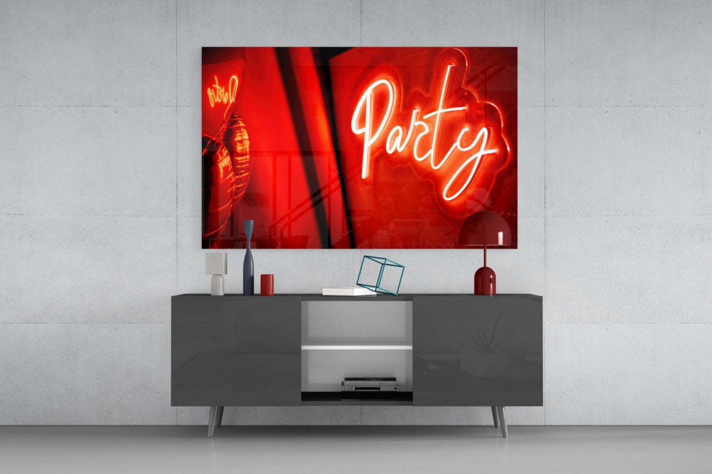Red Neon Party Disco Ball Glass Wall Art