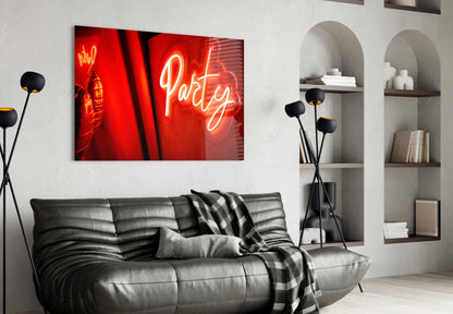 Red Neon Party Disco Ball Glass Wall Art
