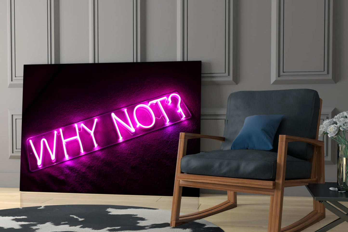 Bright magenta neon "WHY NOT?" glass wall art displayed on black background in modern living room setting.