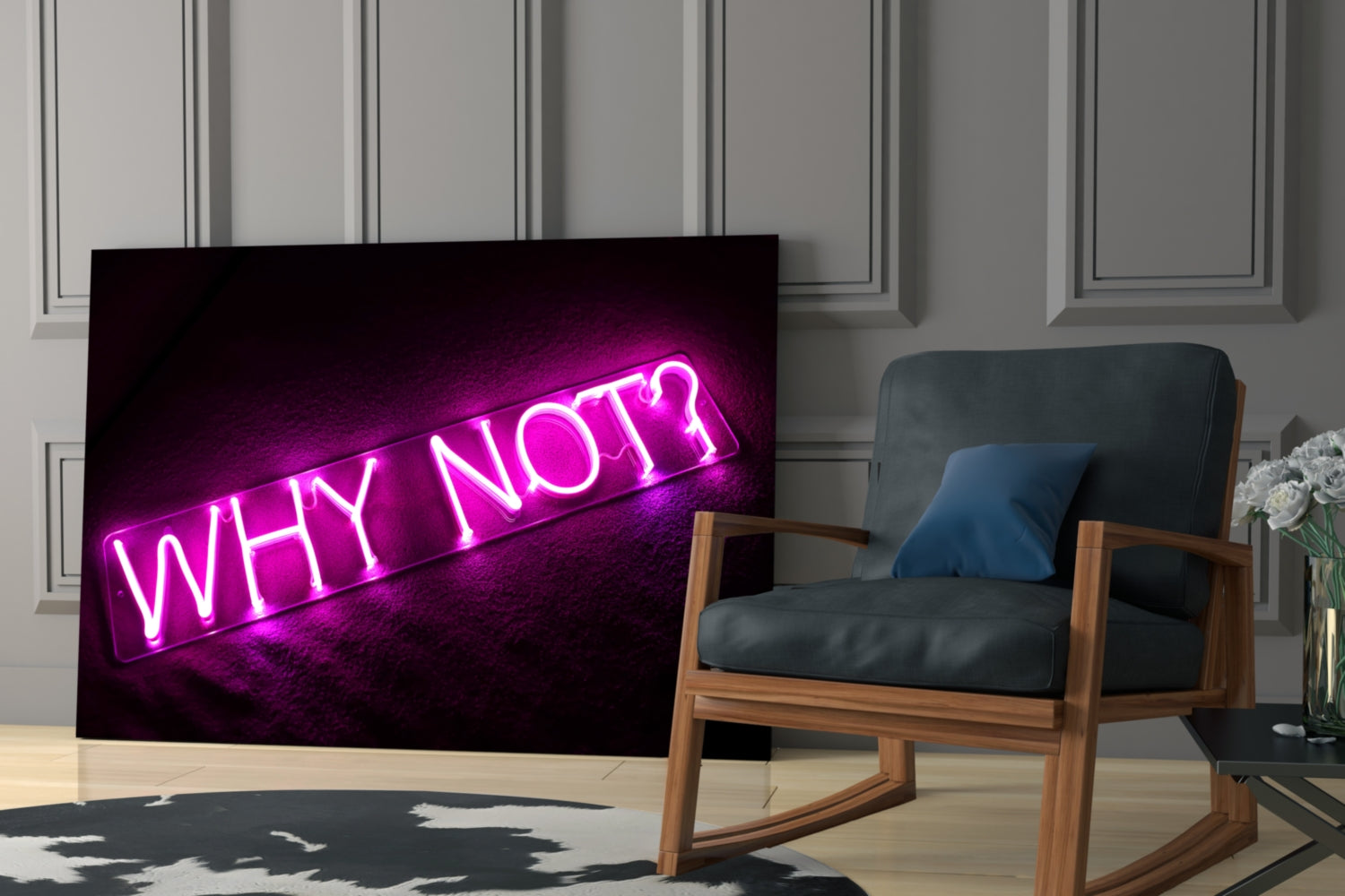 Bright magenta neon "WHY NOT?" glass wall art displayed on black background in modern living room setting.