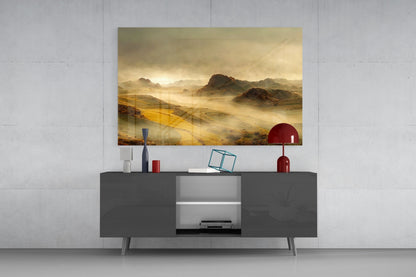 Golden Mist Rolling Hills Dawn Glass Wall Art